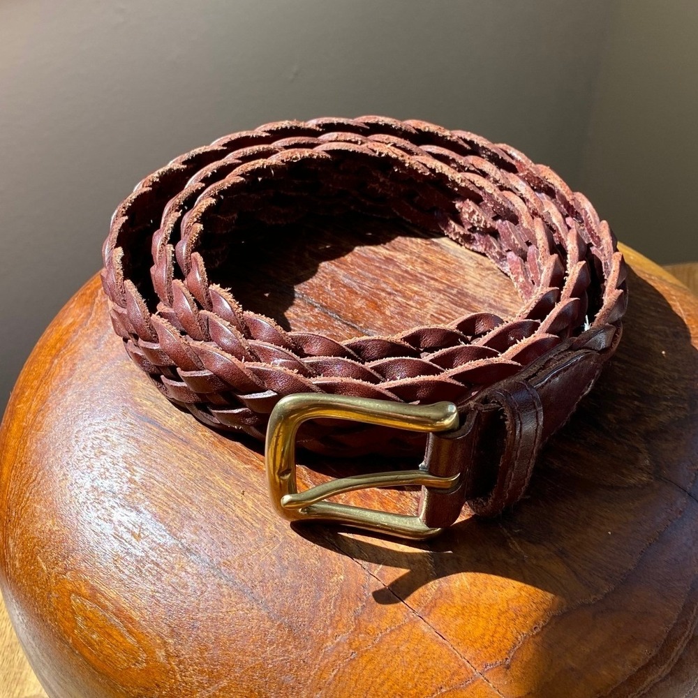 Vintage Cherokee Mens Braided Leather Brown Brass Buckle Belt Heritage Preppy